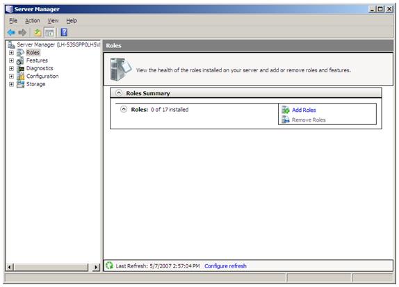 Screenshot des Fensters Server-Manager mit der Seite 