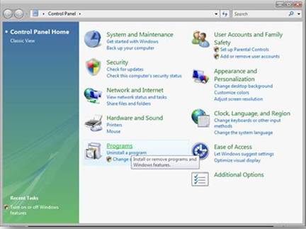 Screenshot der Systemsteuerung Startseite. Programme sind ausgewählt.