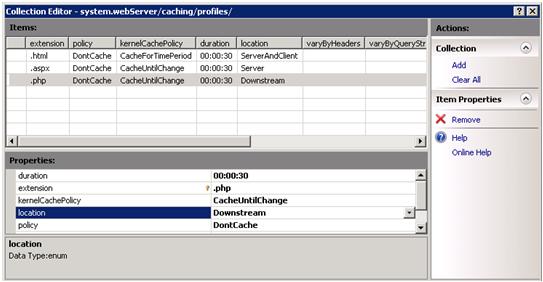 Screenshot of Actions Task pane and Properties pane within the Collection Editor. Location entry is selected.