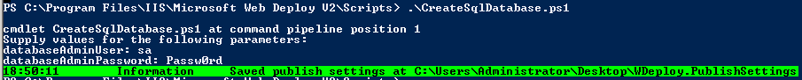 Screenshot einer PowerShell-Konsole mit Skripting und Ausgabe mit Verbindung mit einer vorhandenen Veröffentlichungseinstellungsdatei.