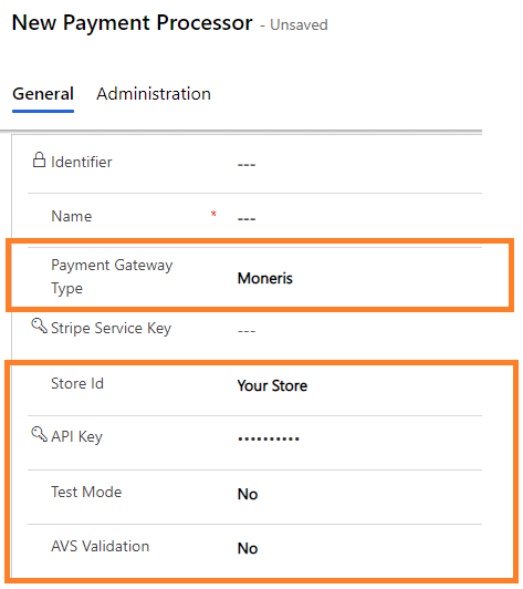 Moneris payment gateway fields.