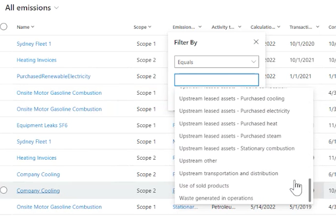 Filtern Sie die Spalte „Emissionen“.