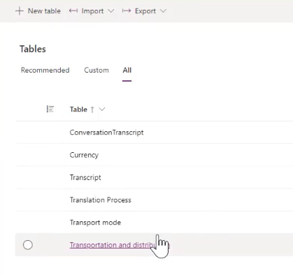 Wählen Sie die Tabelle „Transport und Verteilung“ aus.