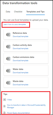 Screenshot mit der Registerkarte „Vorlagen und Tipps“ der Seite „Datentransformationstools“.