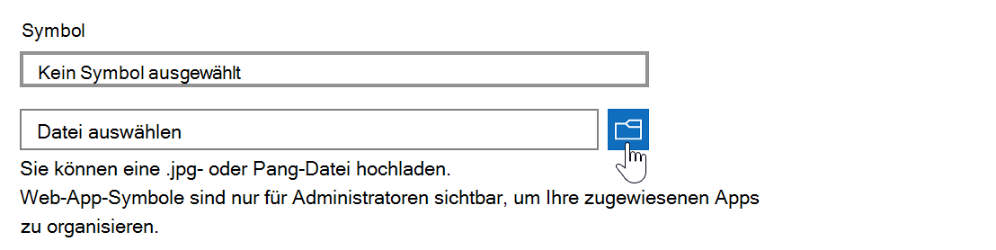 Screenshot: Hinzufügen eines Web-App-Workflows mit Hervorhebung des Symbols und der Felder zum Hochladen von Dateien