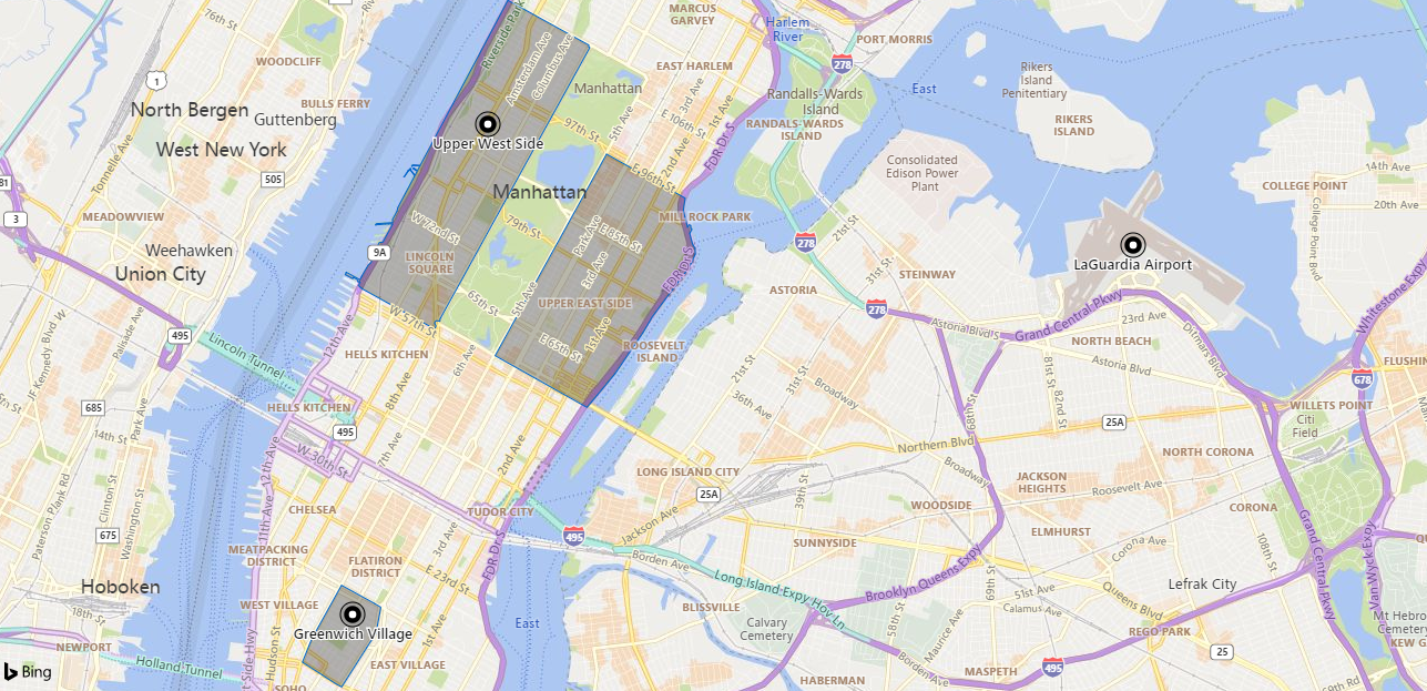 Screenshot einer Karte des Manhattan-Bereichs mit Markierungen für die Upper West Side, Greenwich Village und einen Flughafen. Drei Viertel erscheinen abgeblendet.