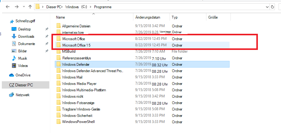 Office-Installationspakete im Verzeichnis 