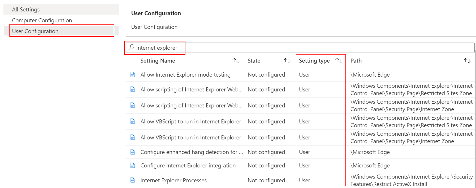 Wählen Sie in der ADMX-Vorlage Die Benutzerkonfiguration aus, und suchen oder filtern Sie in Microsoft Intune nach Internet-Explorer.