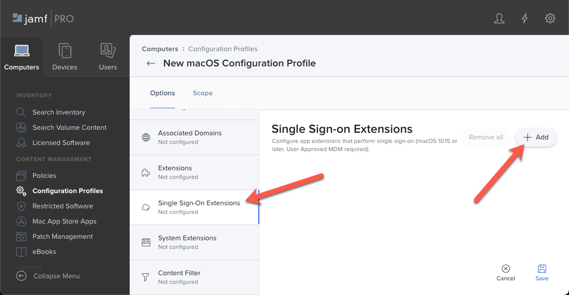 Screenshot: Jamf Pro-Portal Wählen Sie die Option Konfigurationsprofile SSO und dann für macOS-Geräte hinzufügen aus.