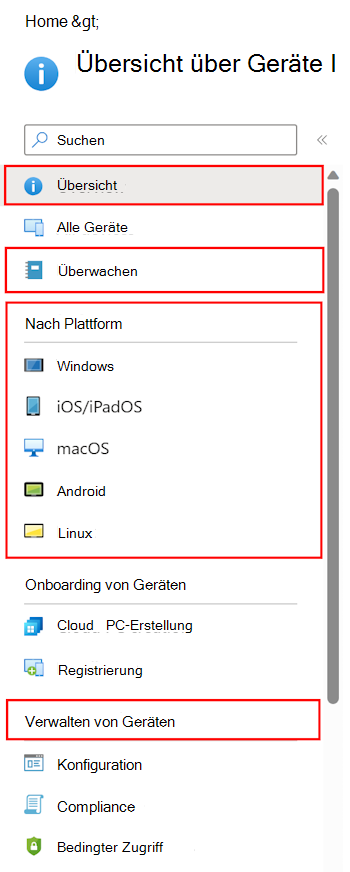 Screenshot, der zeigt, wie Sie Geräte auswählen, um zu sehen, was Sie in Microsoft Intune konfigurieren und verwalten können.