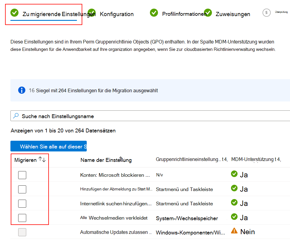 Screenshot: Zu migrierende Einstellungen und Aktivieren des Kontrollkästchens 