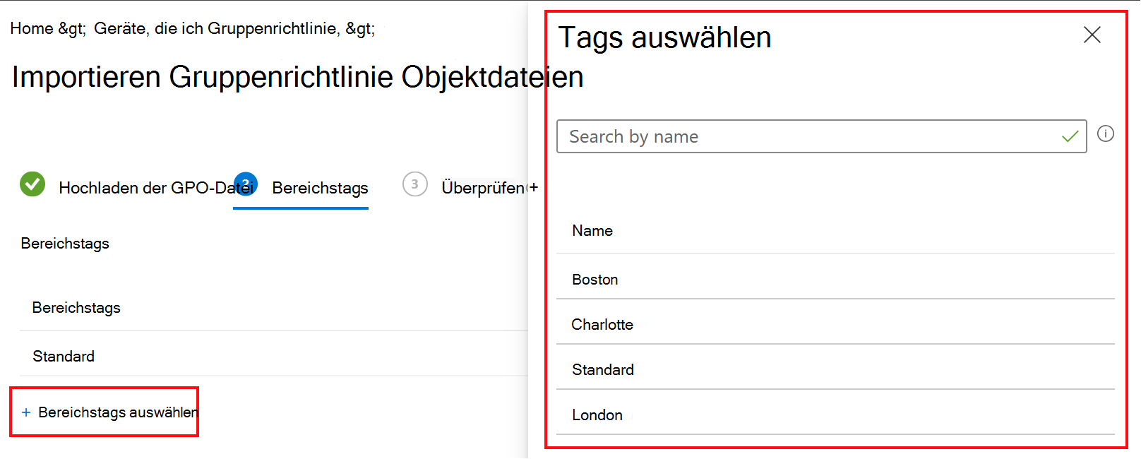 Screenshot: Importieren eines Gruppenrichtlinienobjekts (GPO) und Auswählen eines Bereichstags in Microsoft Intune und Intune Admin Center