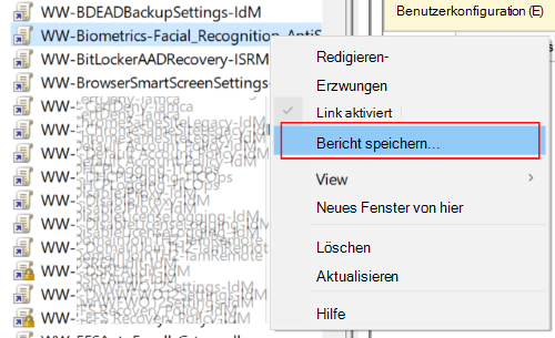 Screenshot: Öffnen Gruppenrichtlinie Verwaltung und Speichern eines Gruppenrichtlinienobjekts als XML-Dateibericht