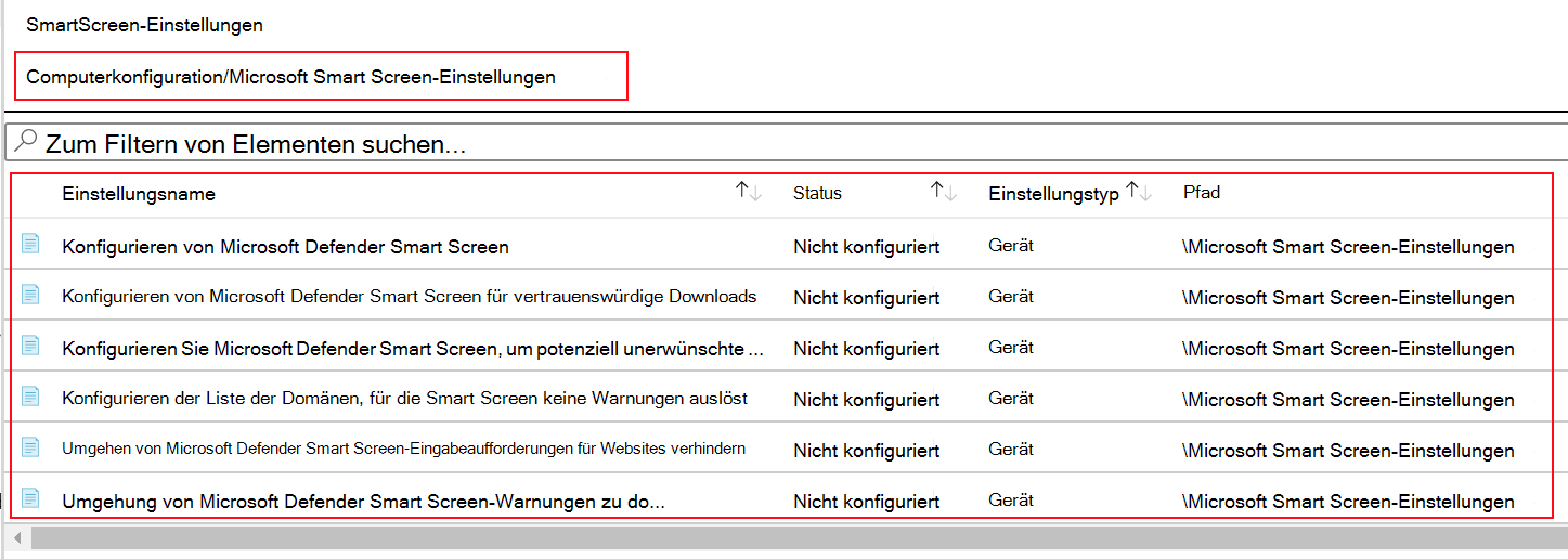 Screenshot: Anzeigen der Microsoft Edge SmartScreen-Richtlinieneinstellungen in ADMX-Vorlagen in Microsoft Intune