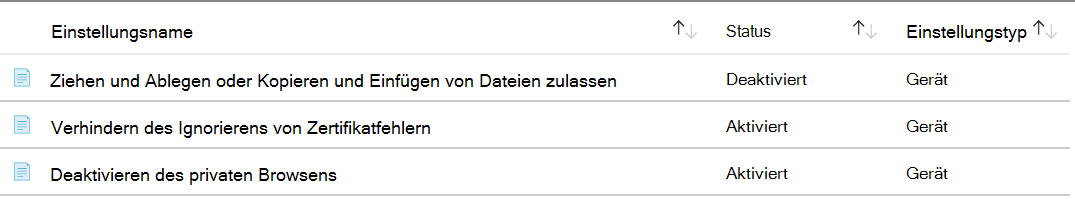 Screenshot, der zeigt, dass die konfigurierten ADMX-Einstellungen oben in Microsoft Intune aufgeführt sind.