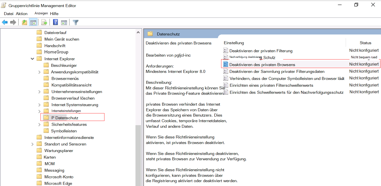 Screenshot: Deaktivieren des InPrivate-Browsens in Internet Explorer mithilfe einer ADMX-Vorlage