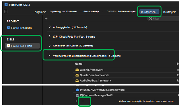 Screenshot: Entfernen von Frameworks unter Verknüpfen von Binärdateien mit Bibliotheken in Xcode auf einem macOS-Gerät