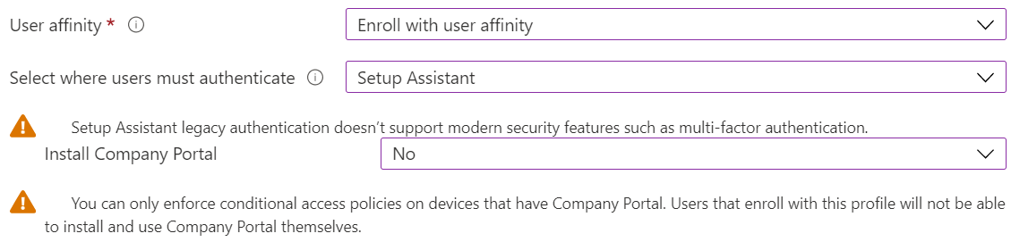 Registrieren Sie im Intune Admin Center und Microsoft Intune iOS-/iPadOS-Geräte mit Apple Configurator. Wählen Sie Mit Benutzeraffinität registrieren aus, verwenden Sie den Setup-Assistenten für die Authentifizierung, und installieren Sie die Unternehmensportal App nicht.