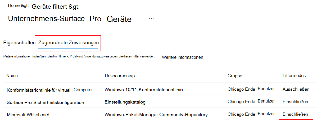 Screenshot: Zugeordnete Zuweisungsregisterkarten für einen vorhandenen Filter in Microsoft Intune