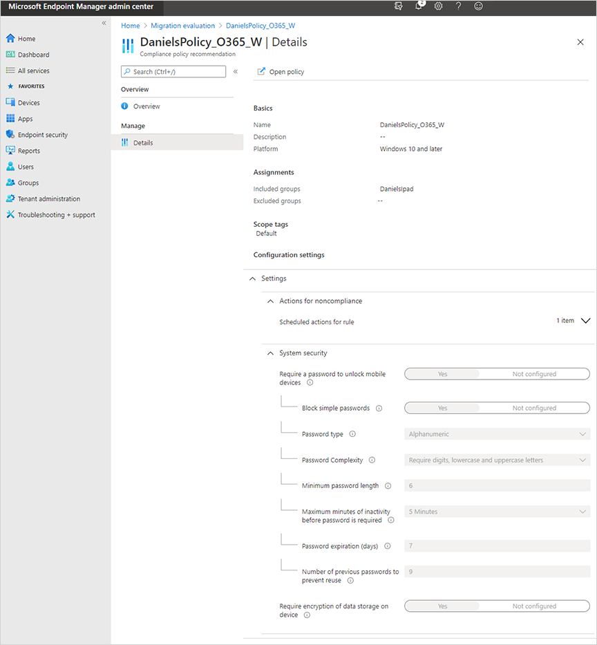 Screenshot des Beispiels für die Detailseite im Microsoft Intune Admin Center nach der Migration von Microsoft 365 Basic Mobilitäts- und Sicherheitsrichtlinien zu Intune