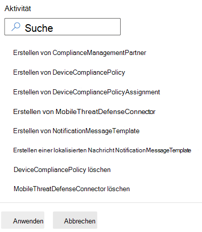 Filtern Sie Überwachungsprotokolle nach Konformitätskategorie, und wählen Sie eine Aktivität in Microsoft Intune und Intune Admin Center aus.