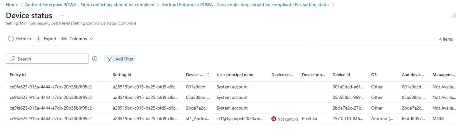 Screenshot, der die Ergebnisse eines Drilldowns in eine einstellungsspezifische status Ergebnis anzeigt, um Details für Geräte anzuzeigen, die gemeldet haben, dass status.