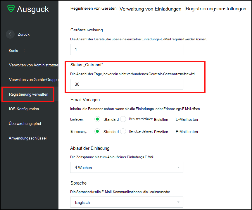 Lookout-Registrierungseinstellungen im Systemmodul