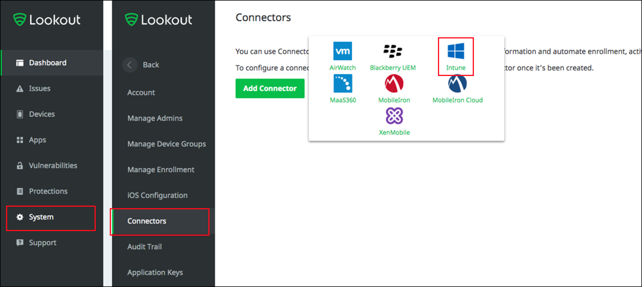 Abbildung der Lookout-Konsole mit der Intune-Option auf der Registerkarte „Connectors“