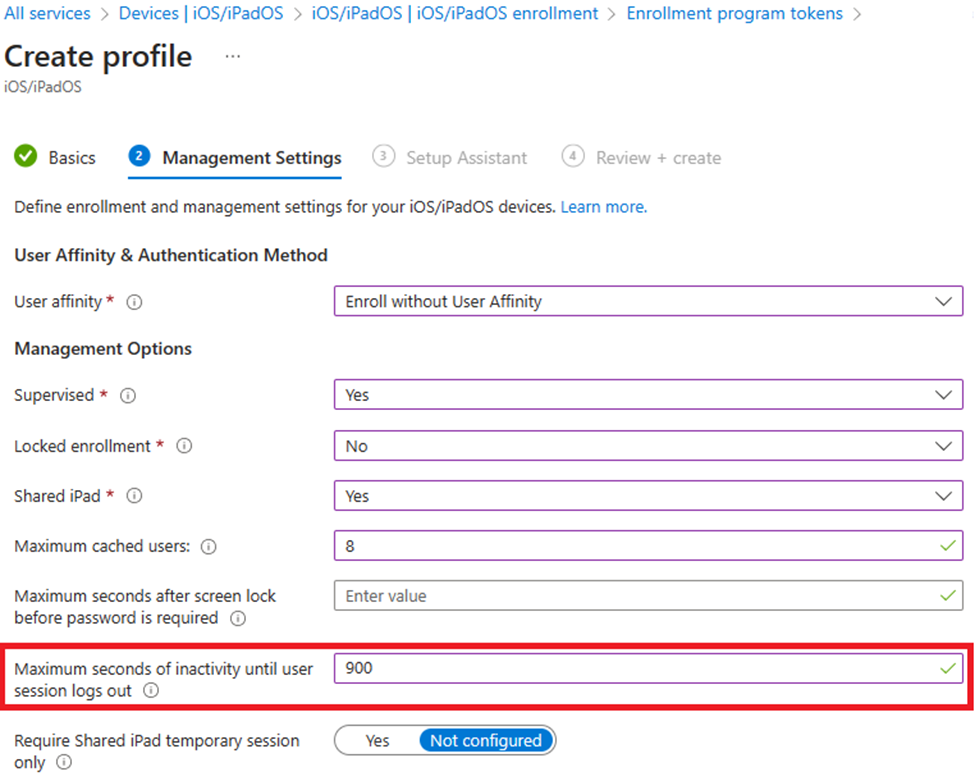 Screenshot: Registrieren ohne Benutzeraffinität und Festlegen des Inaktivitätswerts für iOS-/iPadOS-Geräte im Microsoft Intune Admin Center