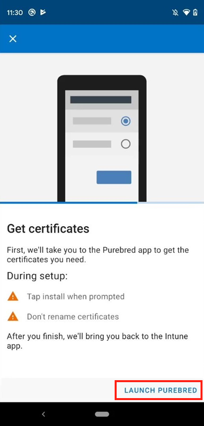 Screenshot der Intune App-Aufforderung zum Öffnen der DISA Purebred-App.