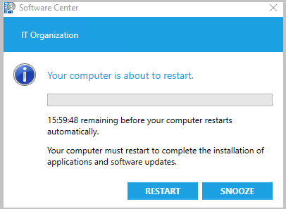 Screenshot der Benachrichtigung zum ausstehenden Neustart des Softwarecenters mit der Schaltfläche 