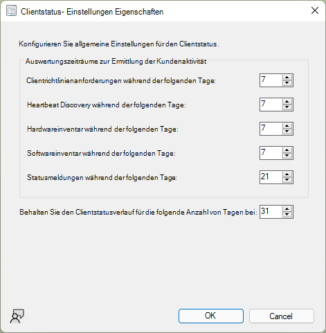 Die Eigenschaftenfenster Clientstatuseinstellungen.