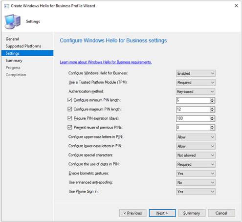 Windows Hello for Business Richtlinien-Assistent mit der Liste der verfügbaren Einstellungen