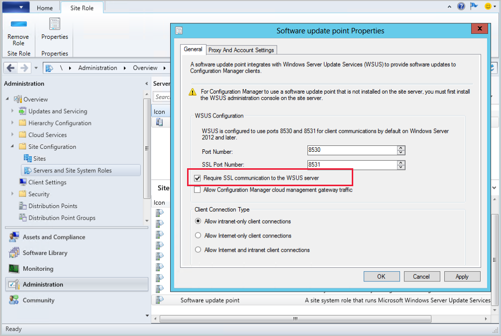 SUP-Eigenschaften mit der Option SSL-Kommunikation mit dem WSUS-Server erforderlich