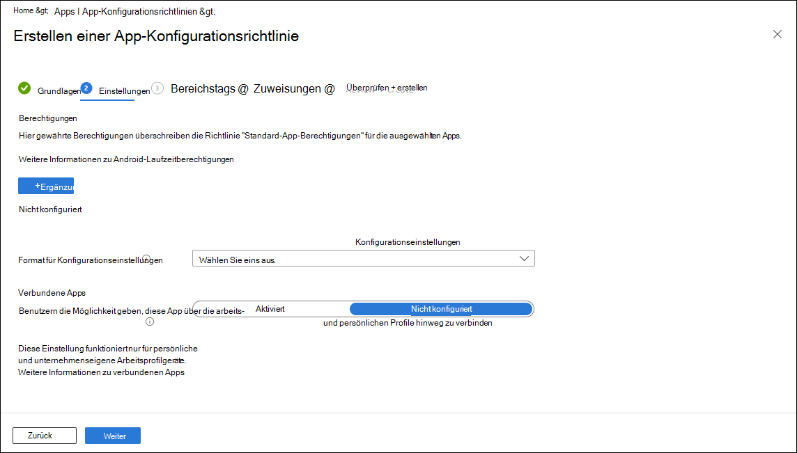 Screenshot der Konfigurationsrichtlinie – Einstellungen