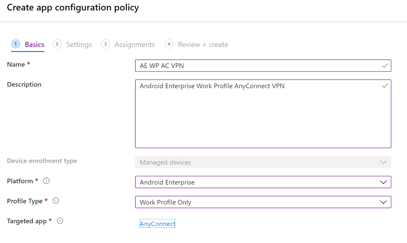 Erstellen einer App-Konfigurationsrichtlinie zum Konfigurieren von VPN oder Pro-App-VPN in Microsoft Intune