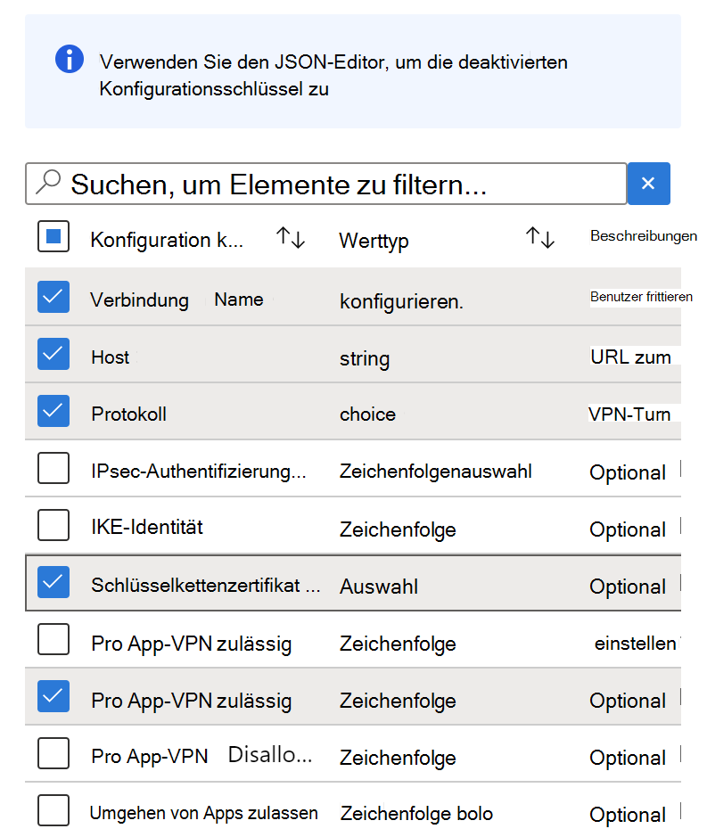 Hinzufügen von Konfigurationsschlüsseln zu einer VPN-App-Konfigurationsrichtlinie in Microsoft Intune mithilfe von Configuration Designer ( Beispiel).