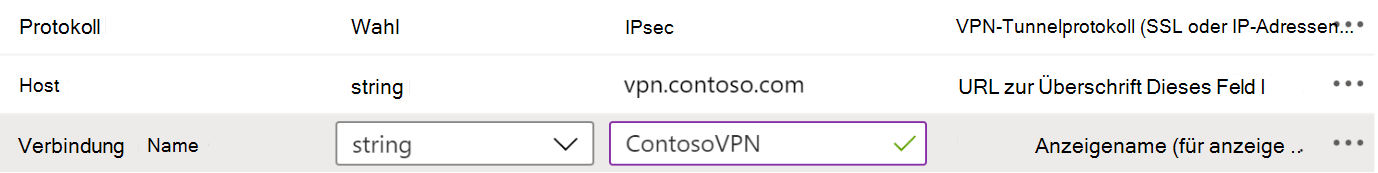 Beispiele für Protokoll, Verbindungsname und Hostname in einer VPN-App-Konfigurationsrichtlinie in Microsoft Intune unter Verwendung der Konfigurations-Designer