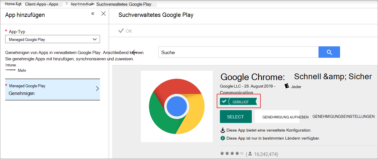 Suchen und Genehmigen von Google Chrome