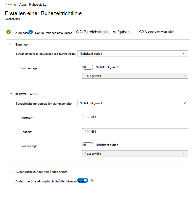 Screenshot der Microsoft Intune Ruhezeit – Konfigurieren der Richtlinie für Wochentage