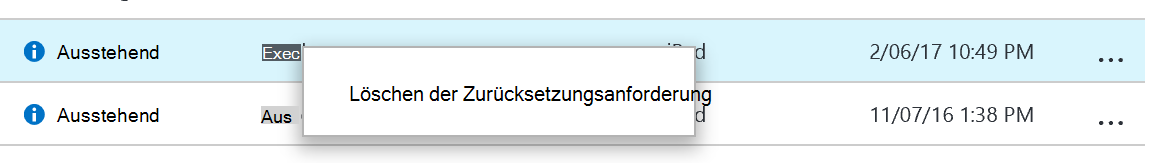 Screenshot der Liste der Zurücksetzungsanforderungen im Bereich 