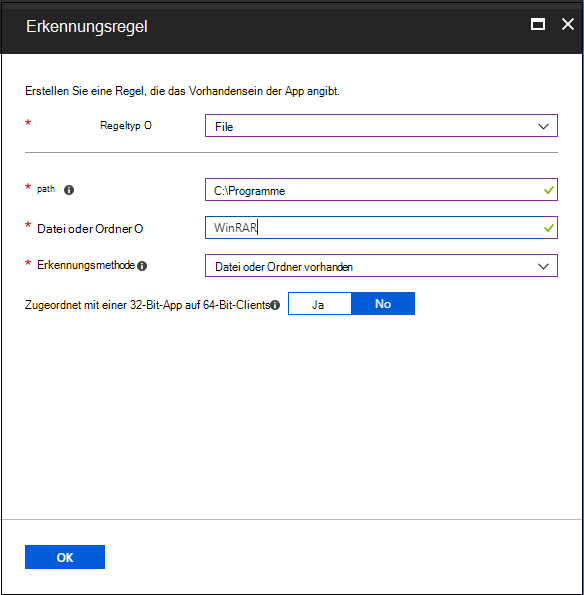 Screenshot des Bereichs mit Erkennungsregeln – Vorhandensein eines Ordners