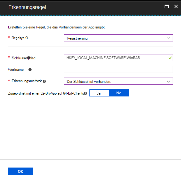 Screenshot des Erkennungsregelbereichs – Registrierungsschlüssel ist vorhanden