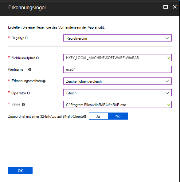 Screenshot des Erkennungsregelbereichs – Zeichenfolge für Registrierungswert ist identisch