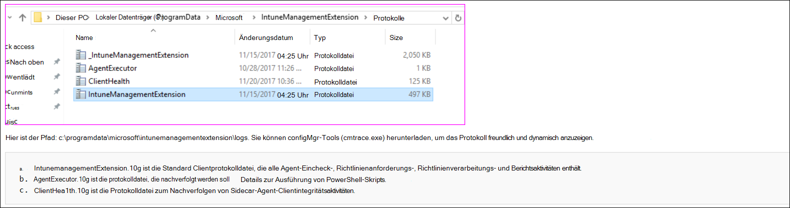 Screenshot oder Beispiel-Agent-Protokolle von CMTrace in Microsoft Intune