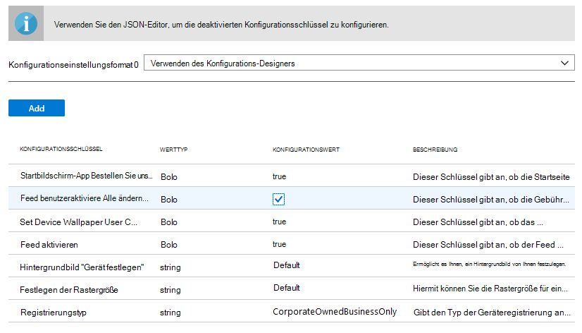 Format der Konfigurationseinstellungen: Json-Daten eingeben