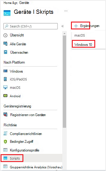 Screenshot, der das Erstellen eines neuen Skripts für ein Windows 10 Gerät zeigt.