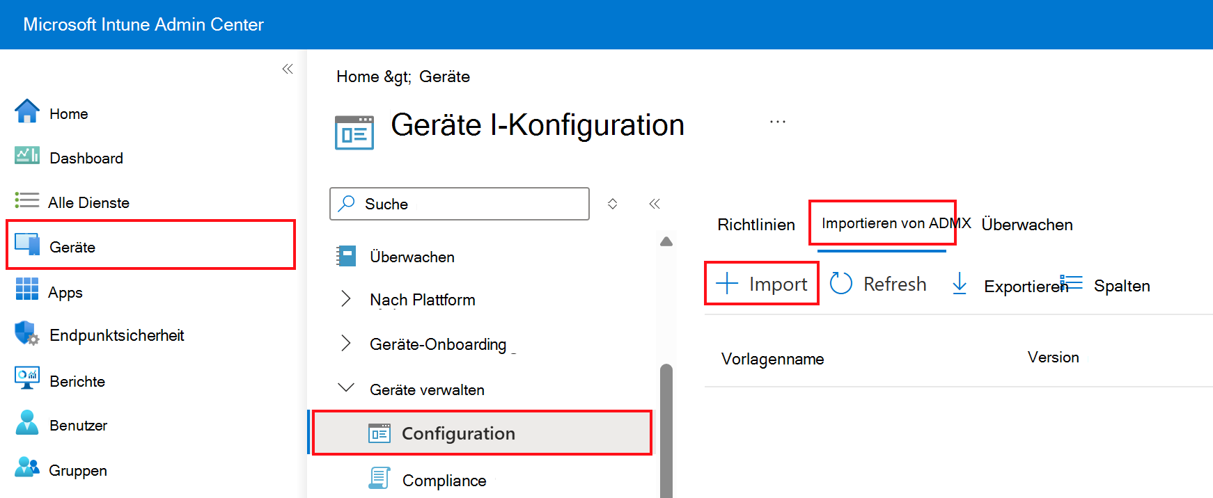 Screenshot: Hinzufügen oder Importieren von benutzerdefinierten ADMX und ADML Wechseln Sie im Microsoft Intune Admin Center zu Geräte > Konfigurationsprofile > IMPORT ADMX.