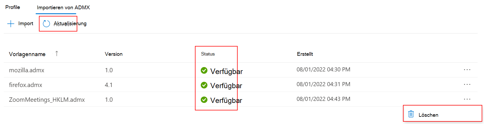 Screenshot: Aktualisieren und Löschen importierter benutzerdefinierter administrativer ADMX- und ADML-Vorlagen in Microsoft Intune und Intune Admin Center