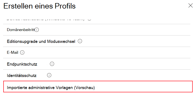 Screenshot: Auswählen importierter administrativer Vorlagen zum Erstellen eines Gerätekonfigurationsprofils mithilfe der importierten ADMX-Einstellungen im Microsoft Intune Admin Center